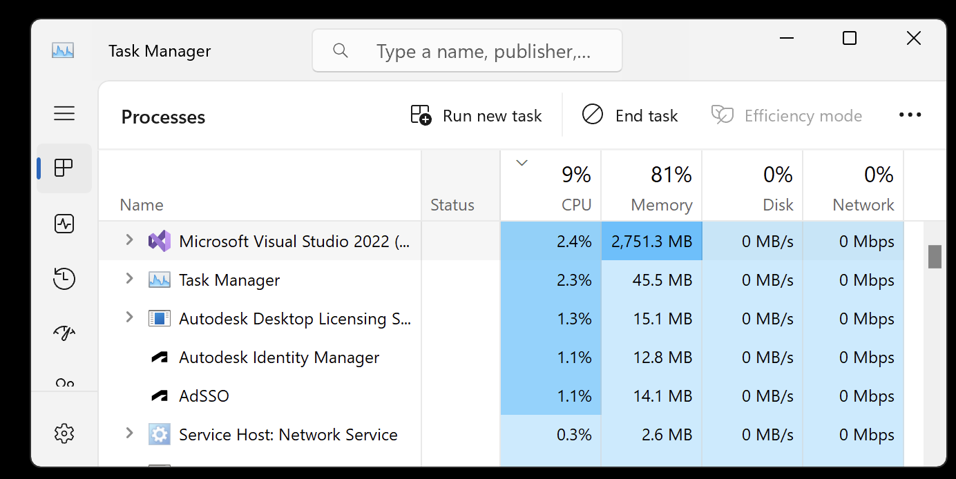 Visual Studio memory consumption growing