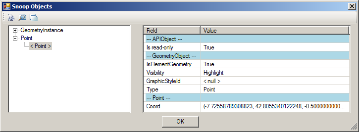 RevitLookup displaying family instance geometry element point