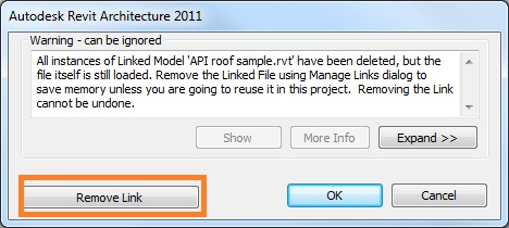 Delete linked RVT file dialogue